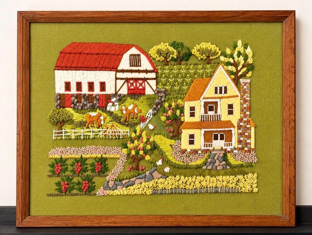 1970s Crewel Embroidery Farmhouse Wall Art – Avocado Green Fiber Art (Framed)